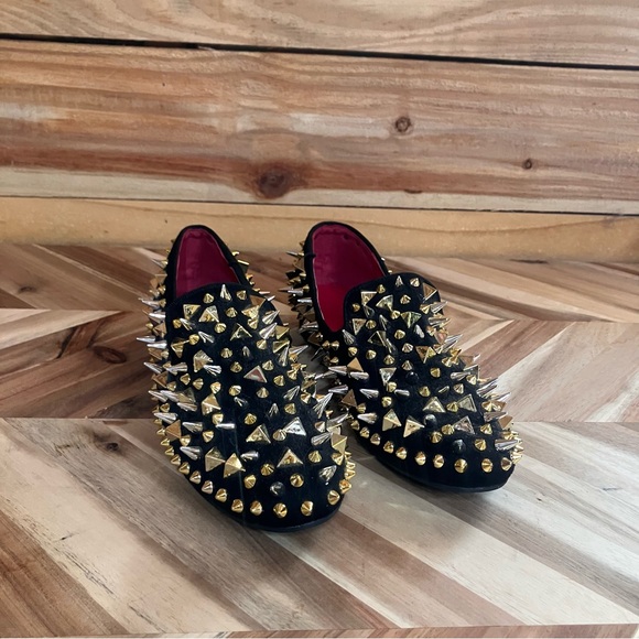 Azalea Wang Shoes - Black Studded Slip-On Loafers with Gold And Silver Spikes